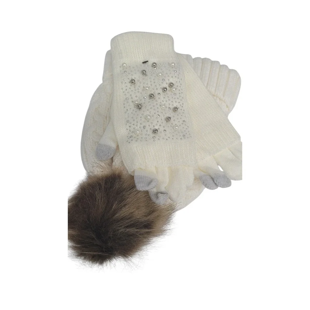 Holiday‎ Time White Pom-Pom Beanie, Fingerless Embellished Glove Set Winter Hat